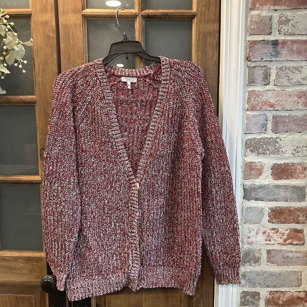 Joie Cardigan Women Size S Red White Marled Chunky Knit Cotton Blend Button Up